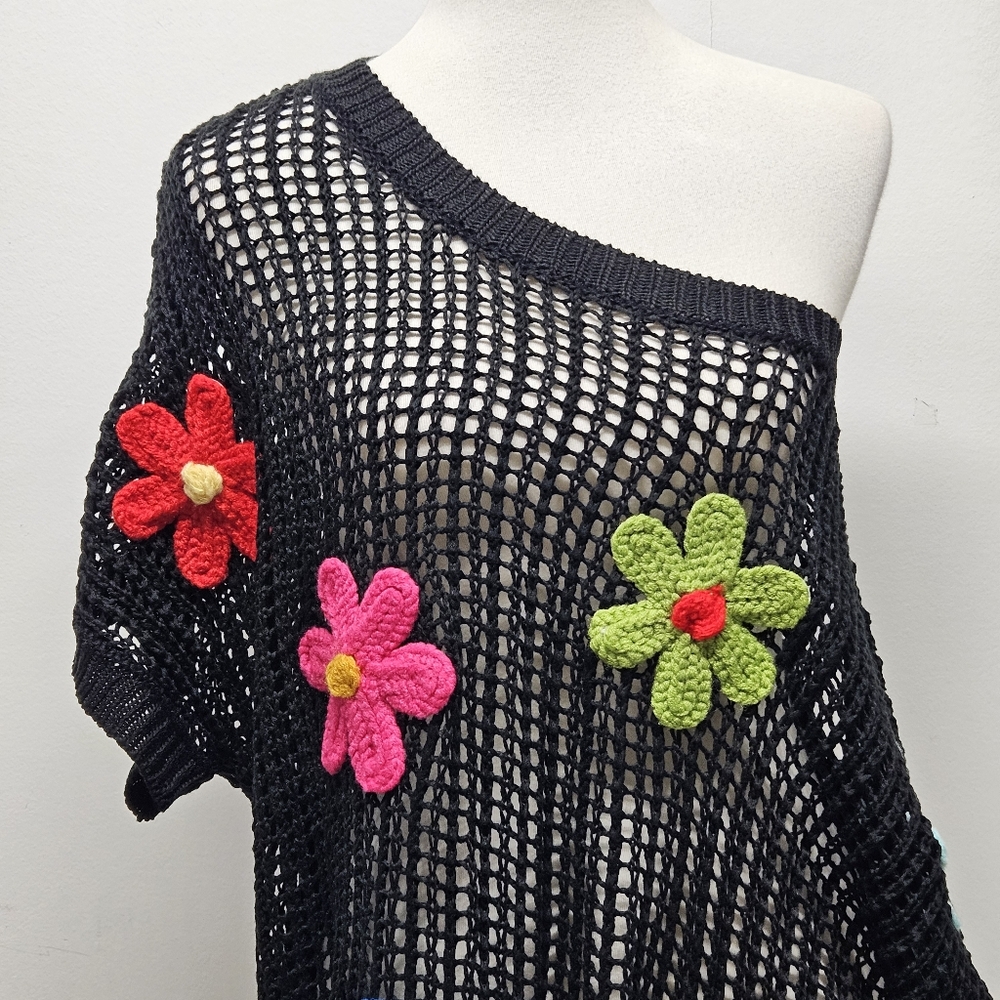 Crochet Mesh Knit Top XL Colorful Floral Appliques Short Sleeve Festival Boho - Picture 12 of 14